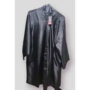 LoveHoney Solid Black Satin Short Robe One Size Plus Size Silky Belted Kimono